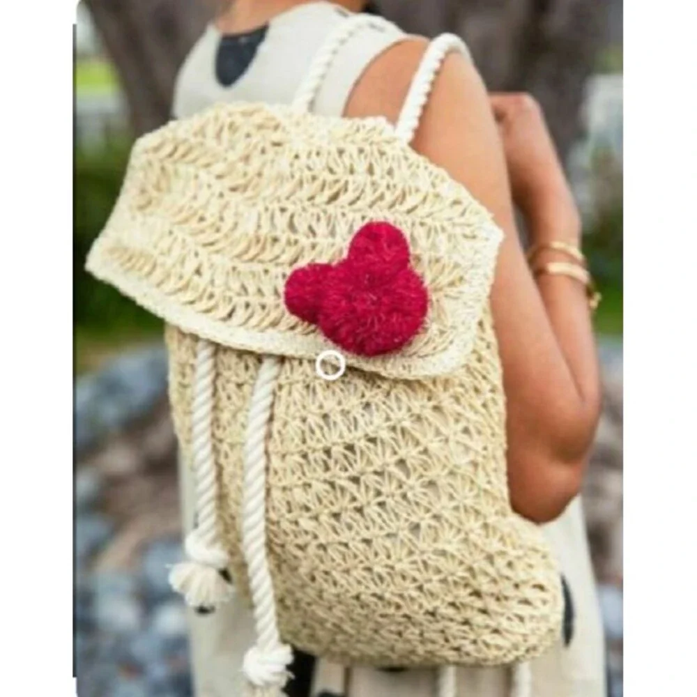 Disney Mickey Mouse Backpack Raffia Straw Drawstring Junk Food 90th Anniversary